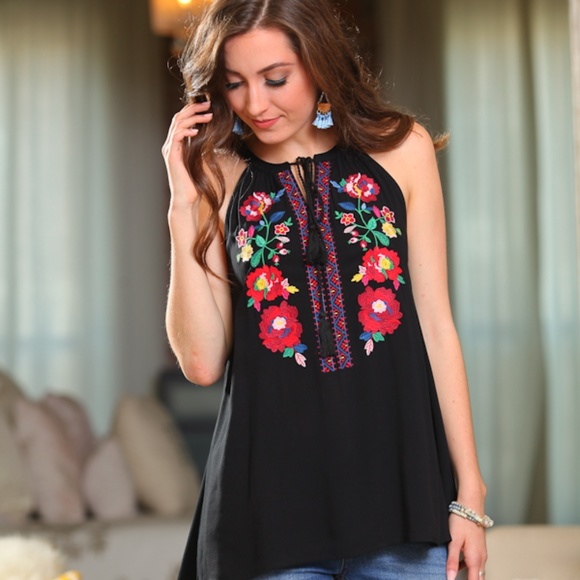 LAST ONE! Black Embroidered Halter Tunic - Picture 3 of 5